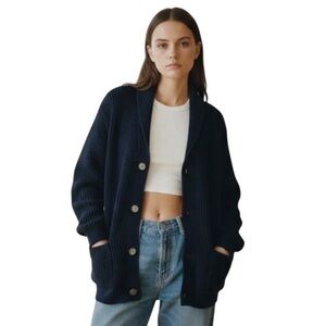 Crown & Ivy Navy Grandpa Boyfriend Patch Pocket Shawl Collar Cardigan Sz L